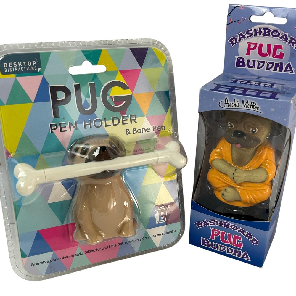 Pug Pen Holder Bone Pen Paladone & Archie McPhee Dashboard Pug Buddha Set NEW